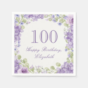 100th Birthday Napkins Elegant Purple Floral