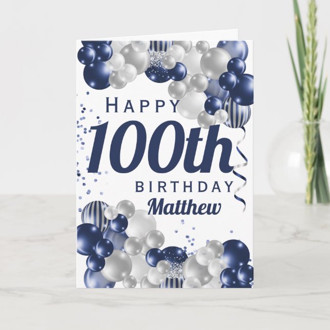 100th Birthday Navy Balloons Card (Front)