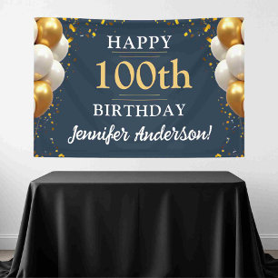 100th Birthday Navy Blue and Gold Celebration Banner