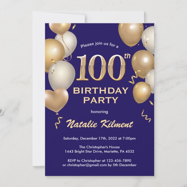 100th Birthday Navy Blue and Gold Glitter Balloons Invitation (Front)