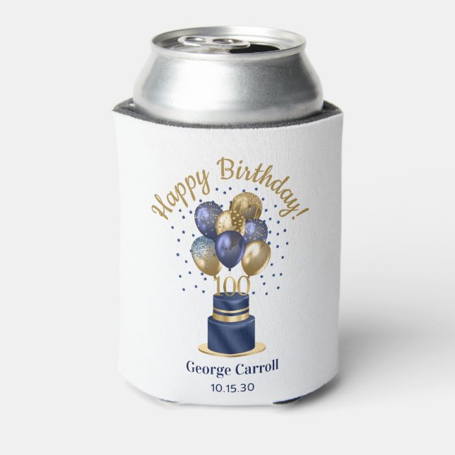 100th Birthday Navy Blue Balloon Cake Can Cooler (Can Back)