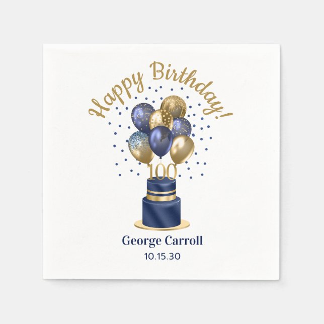 100th Birthday Navy Blue Balloon Cake Napkin (Front)