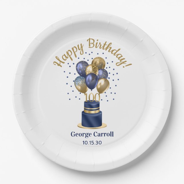 100th Birthday Navy Blue Balloon Cake Paper Plate (Front)