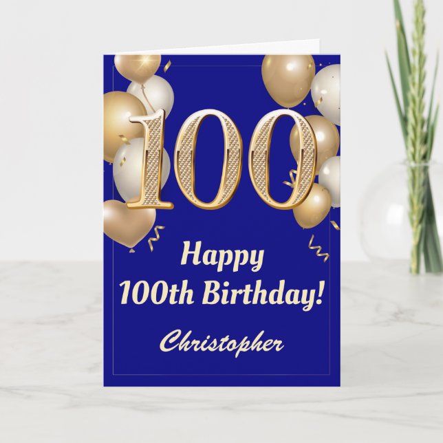 100th Birthday Navy Blue Gold Balloons Confetti Card (Front)