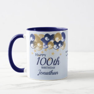 100th Birthday Navy Gold Balloons Mug