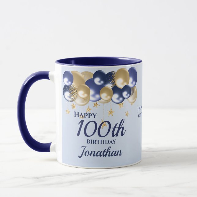 100th Birthday Navy Gold Balloons  Mug (Left)