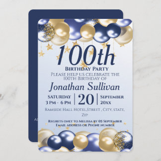 100th Birthday Navy Gold Balloons Party Invitation