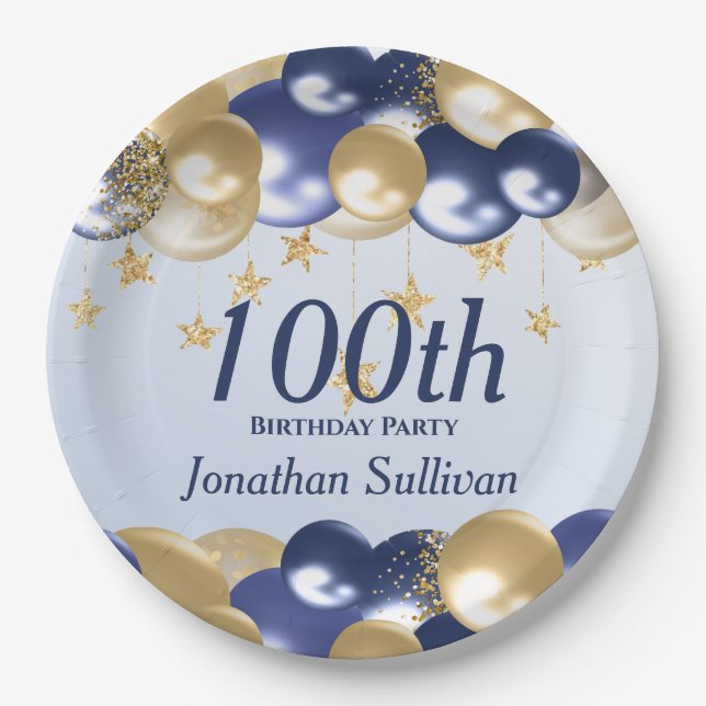 100th Birthday Navy Gold Balloons Party Paper Plate (Front)