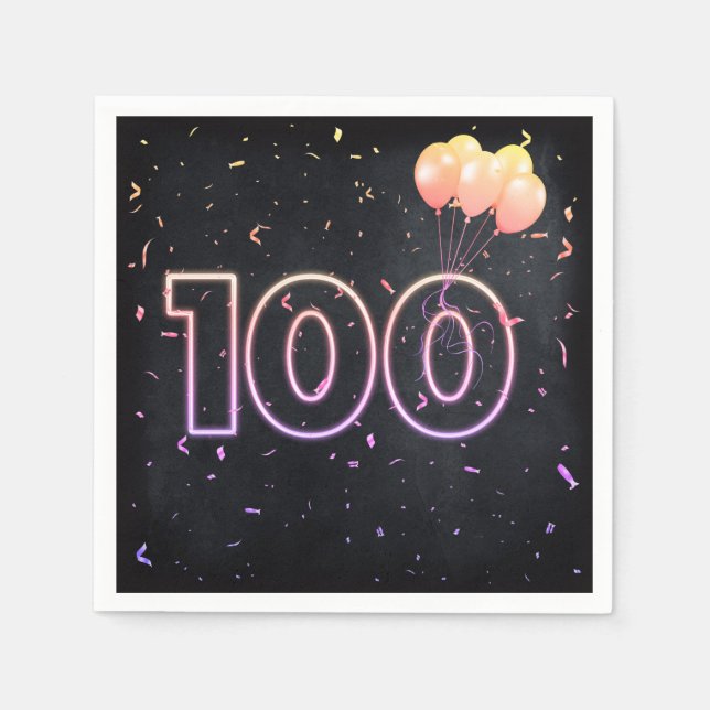 100th Birthday Neon Sign On Black Napkins (Front)