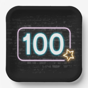 100th Birthday Neon Sign On Brick Paper Plate