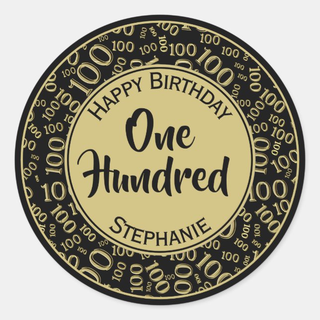 100th Birthday Number Pattern Black/Gold 100 Classic Round Sticker (Front)