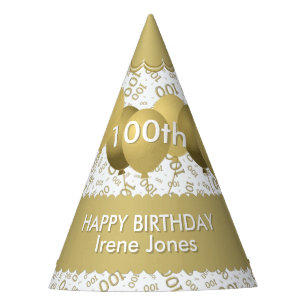 100th Birthday Number Pattern Gold/White Scallops Party Hat