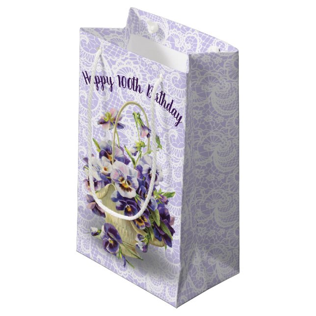 100th Birthday Pansy Basket On Lace   Small Gift Bag (Front Angled)