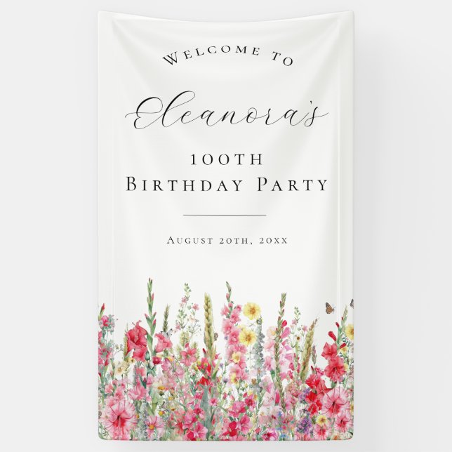 100th Birthday Party August Birth Flower Welcome Banner (Vertical)