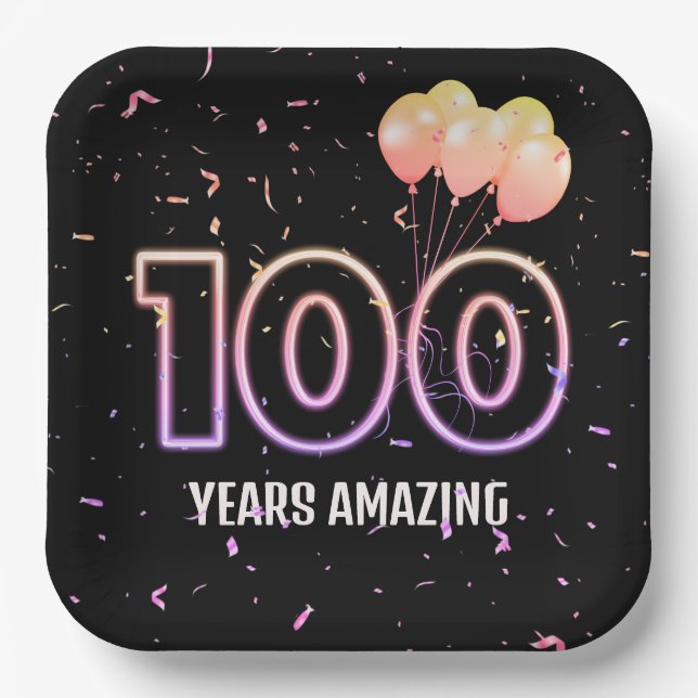 100th Birthday Party Balloons and Confetti Paper Plate (Front)