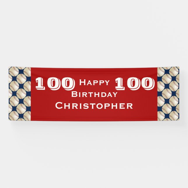 100th Birthday Party Baseball Red White Blue, Name Banner (Horizontal)