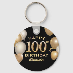 100th Birthday Party Black and Gold Balloons Key Ring