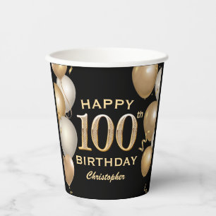 100th Birthday Party Black and Gold Balloons Paper Cups