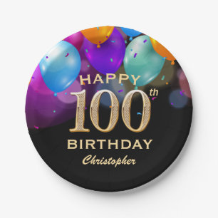 100th Birthday Party Black and Gold Balloons Paper Plate