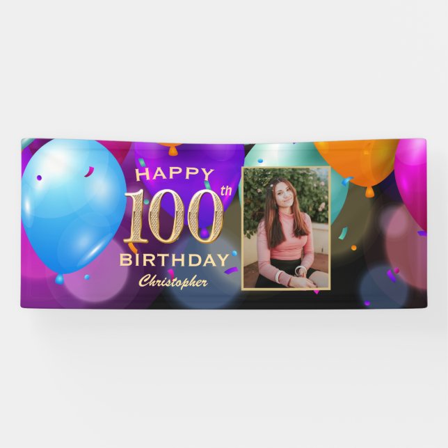 100th Birthday Party Black and Gold Balloons Photo Banner (Horizontal)