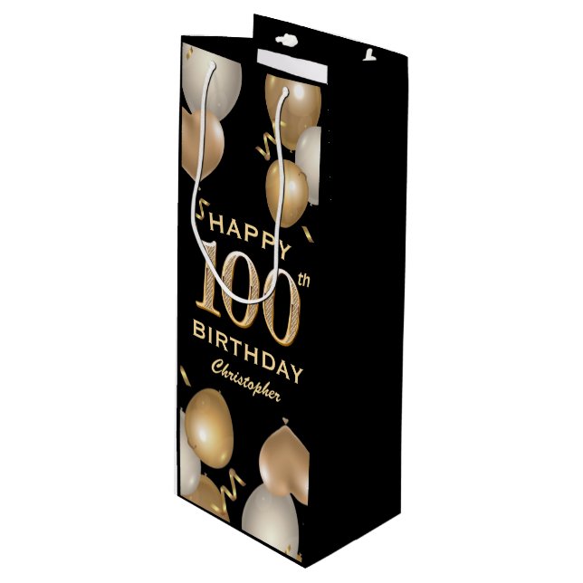 100th Birthday Party Black and Gold Balloons Wine Gift Bag (Front Angled)