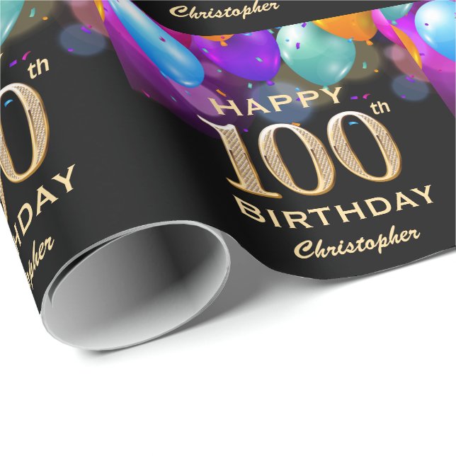 100th Birthday Party Black and Gold Balloons Wrapping Paper (Roll Corner)