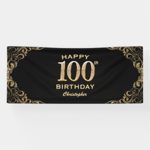 100th Birthday Party Black and Gold Glitter Frame Banner