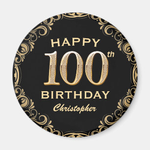 100th Birthday Party Black and Gold Glitter Frame Magnet
