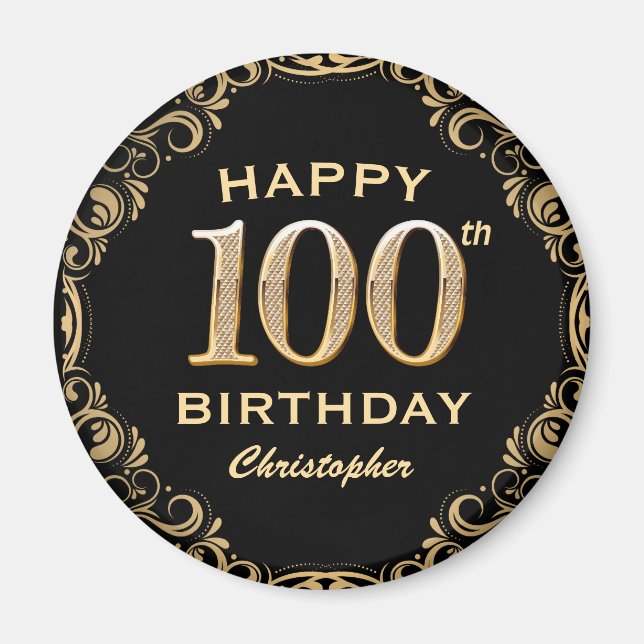 100th Birthday Party Black and Gold Glitter Frame Magnet (Front)