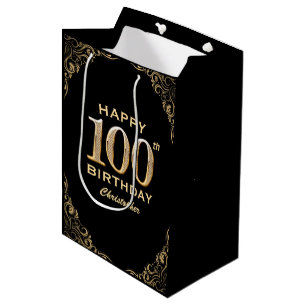 100th Birthday Party Black and Gold Glitter Frame Medium Gift Bag