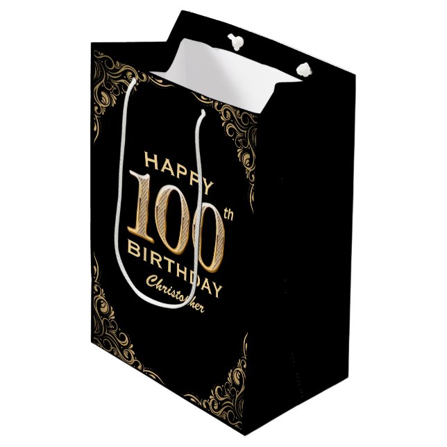 100th Birthday Party Black and Gold Glitter Frame Medium Gift Bag (Front Angled)
