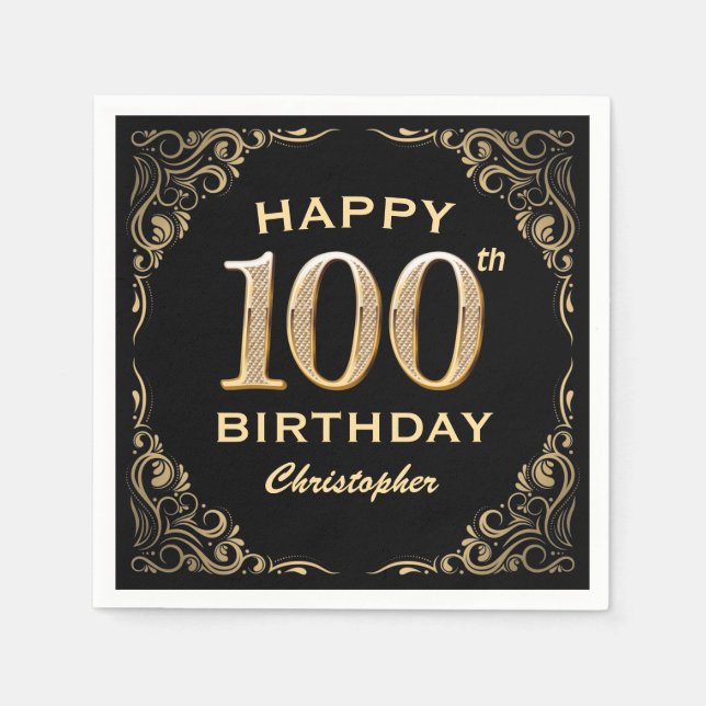 100th Birthday Party Black and Gold Glitter Frame Napkin (Front)