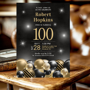 100th Birthday Party Black Gold Balloons Invitation