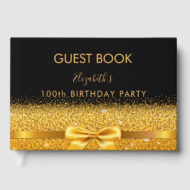 100th birthday party black gold bow guest book (Front)