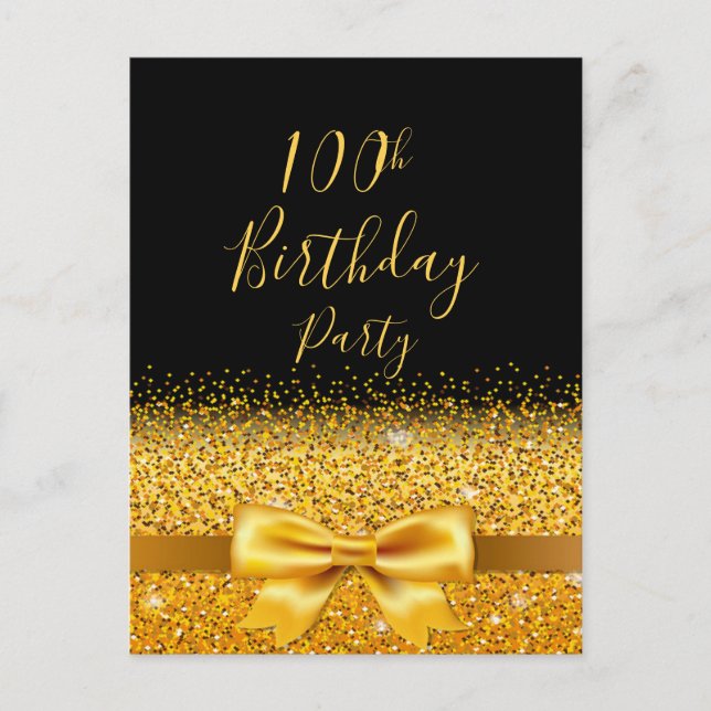 100th birthday party black gold bow invitation postcard (Front)