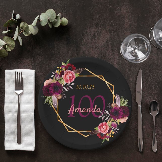 100th birthday party black gold floral burgundy paper plate (Creator Uploaded)