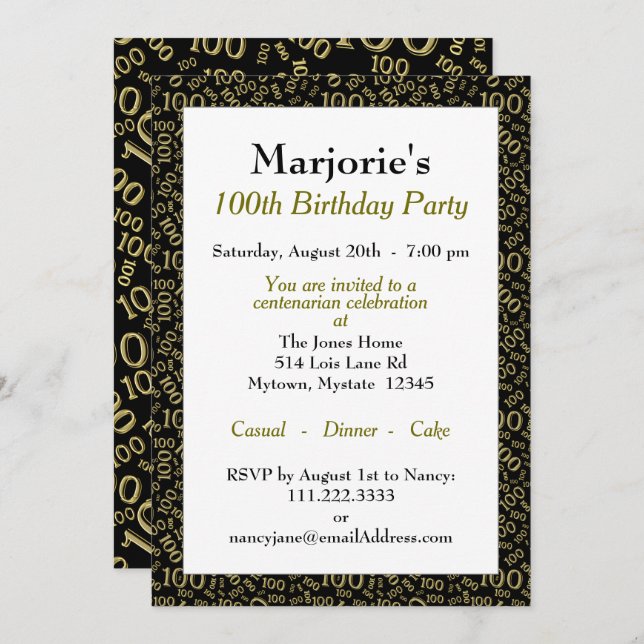 100th Birthday Party Black/Gold Number Pattern Invitation (Front/Back)