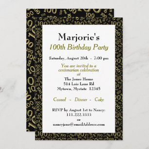 100th Birthday Party Black/Gold Number Pattern Invitation