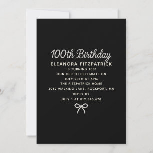 100th Birthday Party Black White Pearl Script Bow Invitation