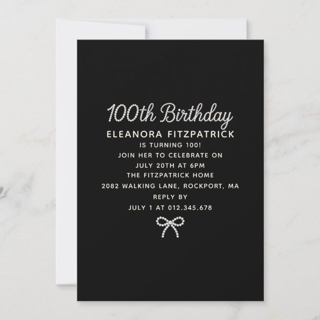 100th Birthday Party Black White Pearl Script Bow Invitation (Front)