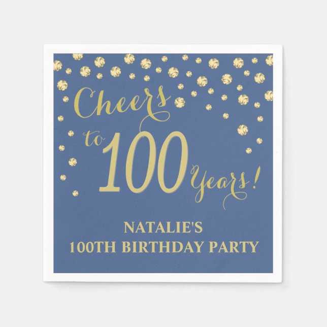 100th Birthday Party Blue and Gold Diamond Napkins (Front)