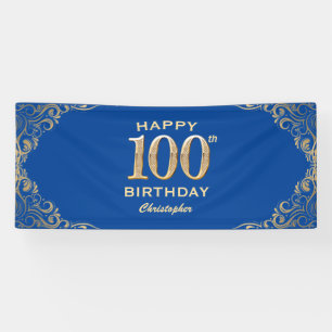 100th Birthday Party Blue and Gold Glitter Frame Banner