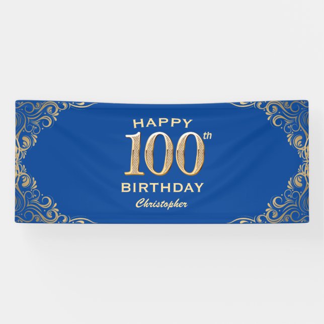 100th Birthday Party Blue and Gold Glitter Frame Banner (Horizontal)