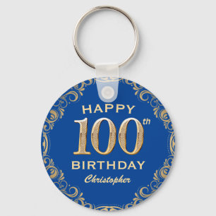 100th Birthday Party Blue and Gold Glitter Frame Key Ring