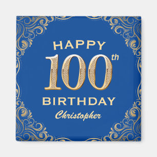 100th Birthday Party Blue and Gold Glitter Frame Magnet
