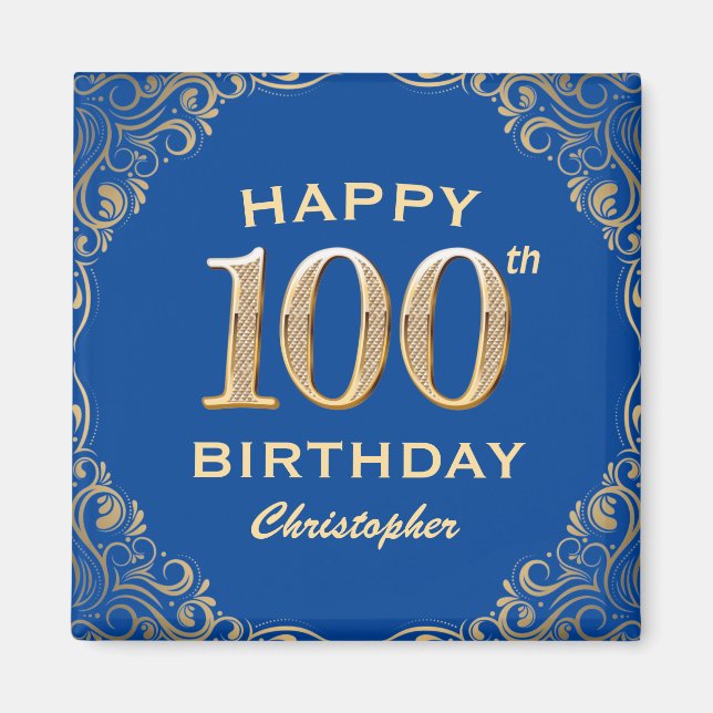 100th Birthday Party Blue and Gold Glitter Frame Magnet (Front)