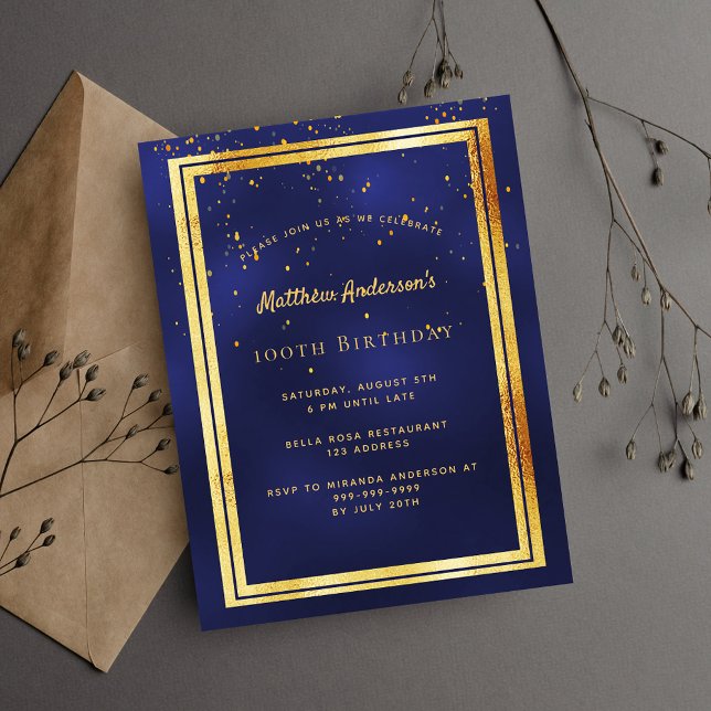 100th birthday party blue gold shiny invitation postcard (Creator Uploaded)