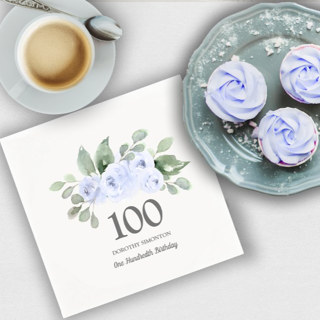 100th Birthday Party Blue Rose Eucalyptus Napkin (Creator Uploaded)