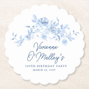 100th Birthday Party Blue Rose Floral Custom Paper Coaster