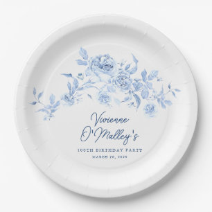 100th Birthday Party Blue Rose Floral Custom Paper Plate